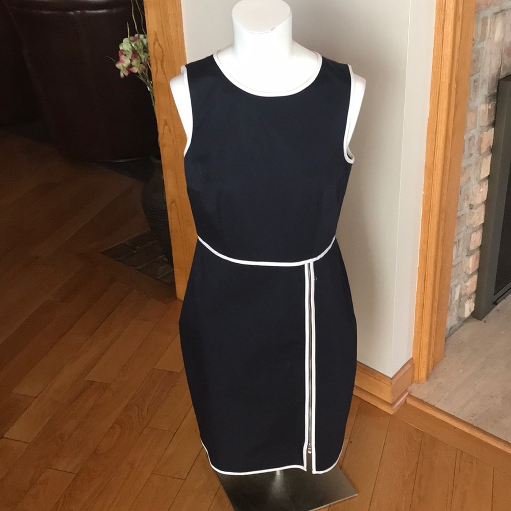Ann Taylor navy blue and white trim dress
